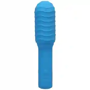 Blue ribbed silicone vibrator with a rounded tip and power button on the handle.