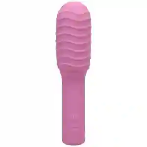 Pink ribbed silicone vibrator with a rounded tip and a power button on the base, used as a sexual wellness device.