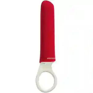 Red silicone vibrator with a white circular handle at the base.