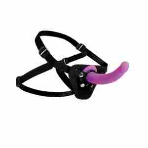 Purple silicone dildo mounted on an adjustable black strap-on harness