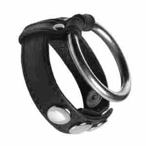 Black leather bracelet featuring two large silver rings and metal rivets, shown at an angled perspective.