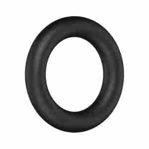 Black torus-shaped ring on a white background, resembling a donut or the number zero, with a smooth surface.