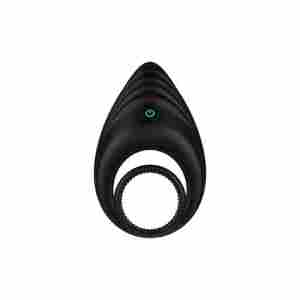 Black silicone ring vibrator with ridged exterior and a green power button, shown head-on.