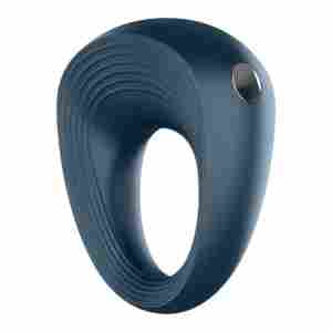 Blue, loop-shaped 3D object with inner ridges and a small round metallic opening on the outer surface.