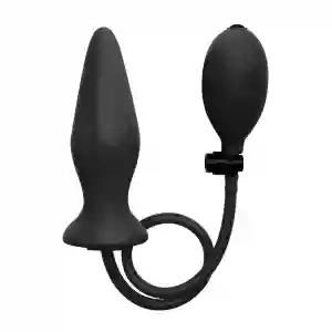 Black silicone anal plug with tapered shaft and flared base, connected to a flexible neck and pump bulb.