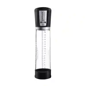 Tall transparent graduated cylinder with a black top unit and black base, featuring measurement markings along the tube for dispensing liquids.