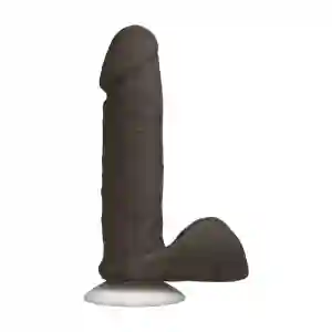 Brown phallic sex toy standing upright on a white display pedestal, shown in full profile
