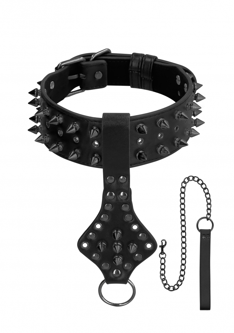 Ouch! Skulls and Bones - Neck Chain with Spikes and Leash - Blac