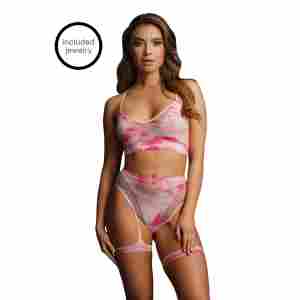 2Pc Bra Set With Garters & Dazzling Eye Contact Bling Sticker