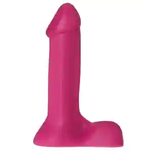 Pink silicone dildo standing upright on a wide base, a sex toy for intimate use.