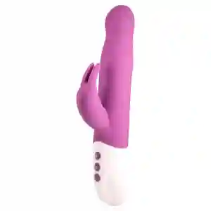 Purple rabbit-style vibrator with bunny-ear clitoral stimulator and white handle with control buttons.