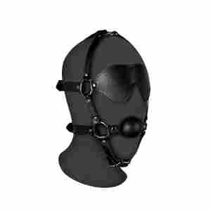 Blindfolded Head Harness with Solid Ball Gag - Black