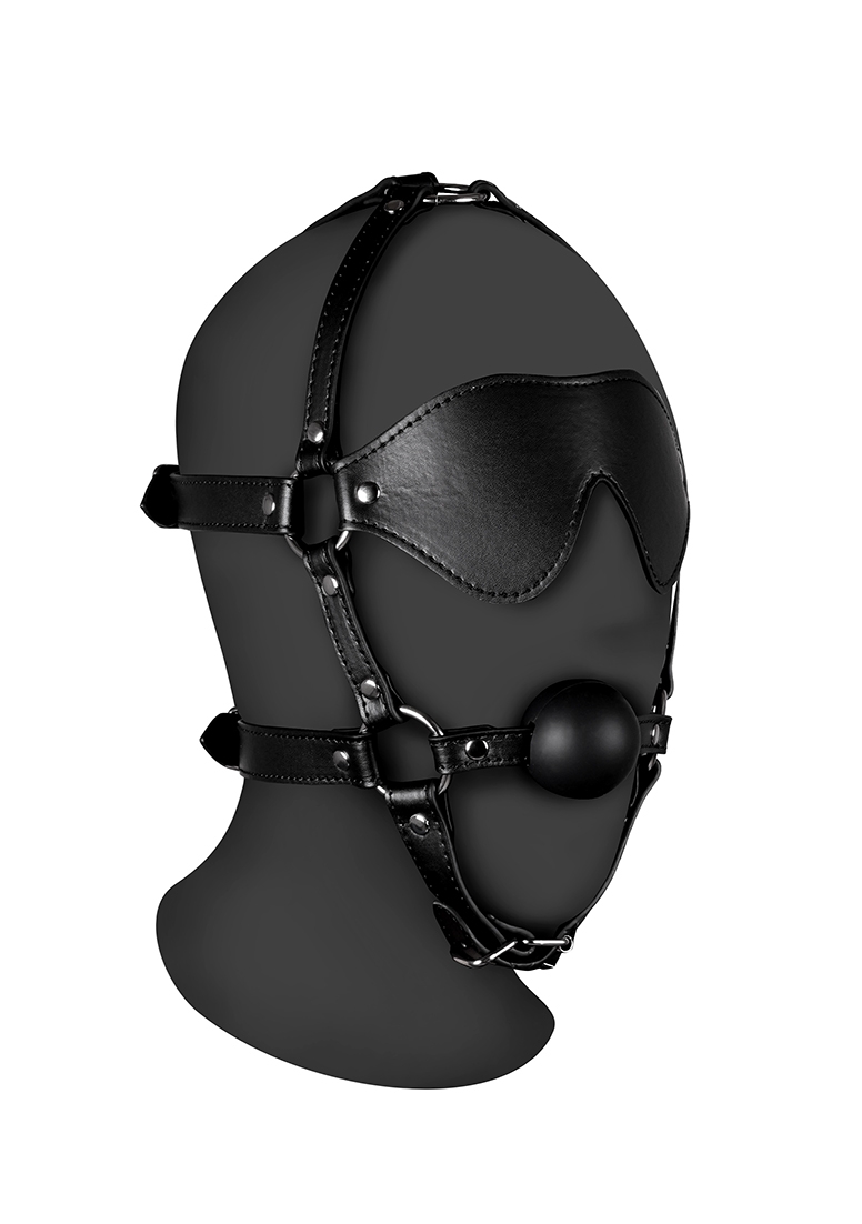 Blindfolded Head Harness with Solid Ball Gag - Black