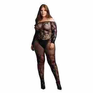 Bodystocking with Off-Shoulder Long Sleeves - OSX - Black