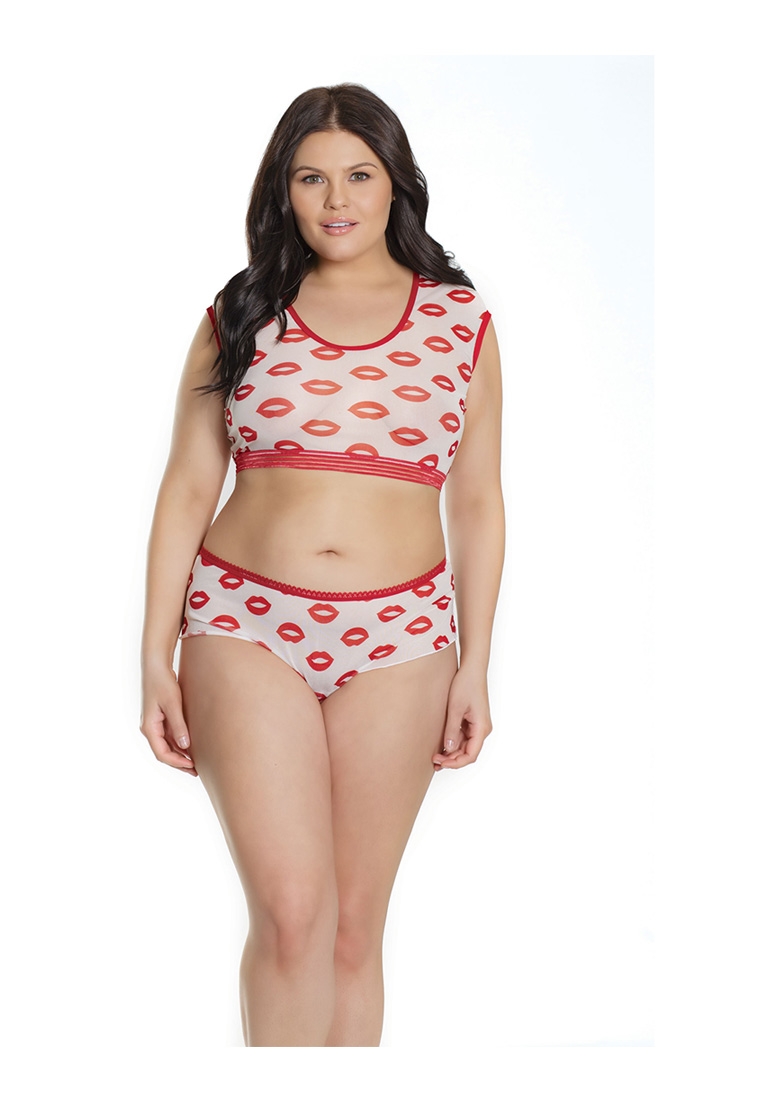 Crop Top and Shorts with Lip Print - Plus Size