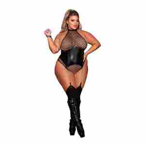 Fishnet Teddy W/Chain Leash - Plus Size
