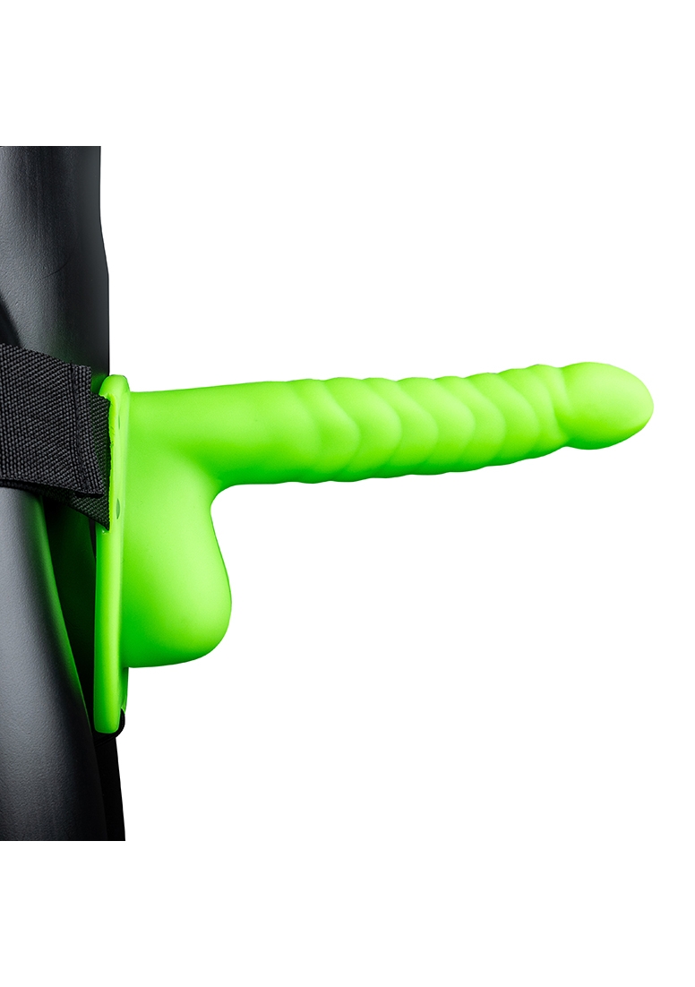 Glow in the Dark Ribbed Hollow Strap-On with Balls - 8" / 21 cm