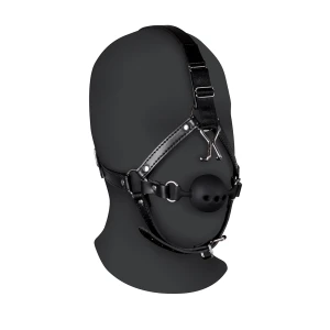 Head Harness with Breathable Ball Gag and Nose Hooks - Black