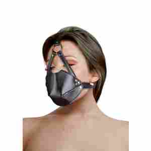 Head Harness with Mouth Cover and Breathable Ball Gag - Black