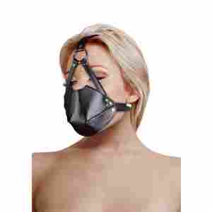 Head Harness with Mouth Cover and Solid Ball Gag - Black