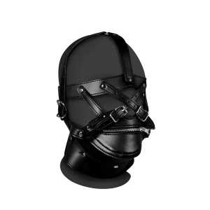 Head Harness with Zip-up Mouth and Lock - Black