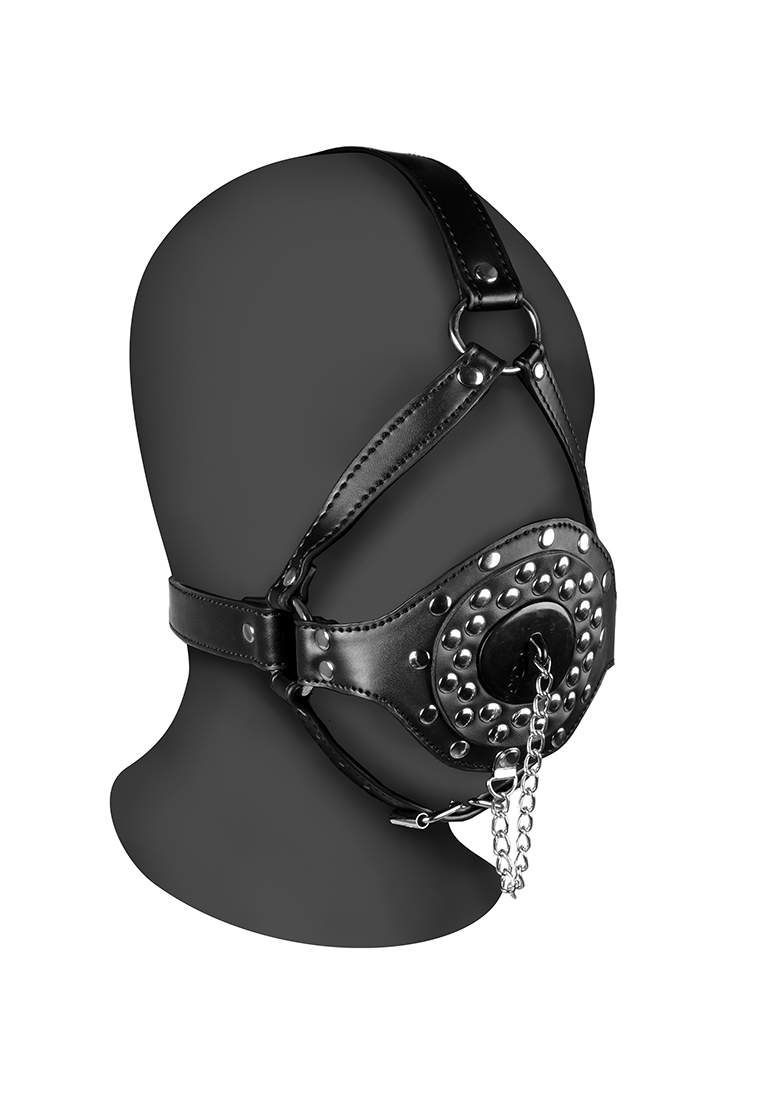 Open Mouth Gag Head Harness with Plug Stopper - Black