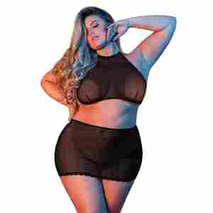 Polka Dot Mesh Halter and Skirt Set - XXL