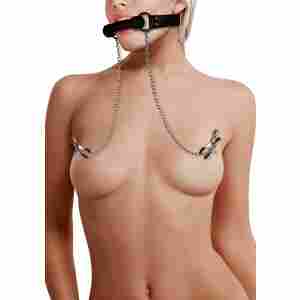 Silicone Bit Gag with Nipple Clamps - Black