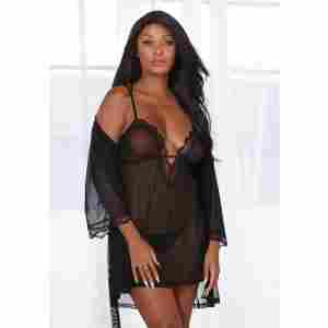 Stretch Mesh Chemise and Robe Set - S