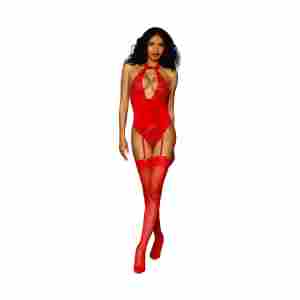 Women's Stretch Lace and Stretch Velvet Garter Teddy - One Size