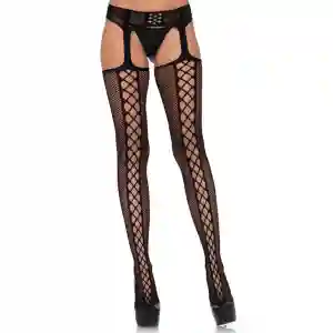 Model wearing black fishnet thigh-high stockings with lattice panels and attached garter-style bands, paired with a black thong and high heels.