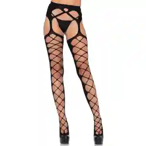 Person wearing black lattice fishnet stockings with crisscross cutouts and high-heeled shoes.