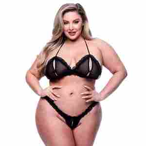 Baci - 2pc Peek-a-boo Bra & Crotchless G-string Set Queen Size Black