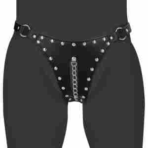 PU Leather Chastity Thong with Chain Detail - Black