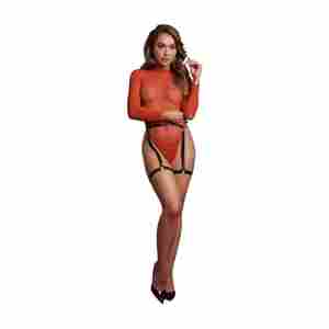 Shimmering Open-Back Bodysuit with PU Leather Garters - One Size - Red/Gold Glitter