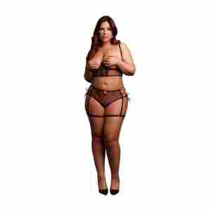 Two Piece Set with Underwired Open-Cup Bra and Panty with Laced Up Details - Plus Size - Black