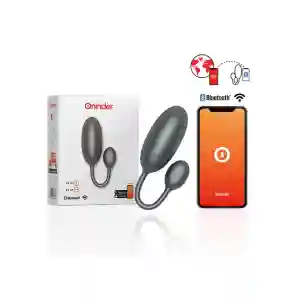 Bluetooth-enabled silicone vibrating toy with remote, shown beside its box and a smartphone app screen.
