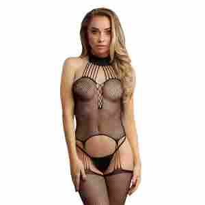 Le Desir - Suspender Fishnet Choker Bodystocking - Black