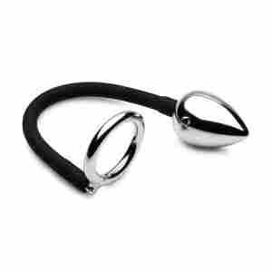 Master Series - Tug + Plug Cock & Ball Ring with Anal Plug - Black & Silver