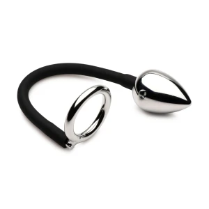 Master Series - Tug + Plug Cock & Ball Ring with Anal Plug - Black & Silver
