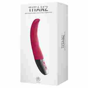 Box for TitanZ rechargeable silicone vibrator; pink curved vibrator shown on white packaging with silver base detail.