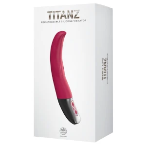 Box for TitanZ rechargeable silicone vibrator; pink curved vibrator shown on white packaging with silver base detail.