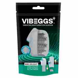Package for VibEGGS vibrating masturbation sleeve with ribbed inner texture and “Ribs Delight” label; shows no-lube-needed feature.