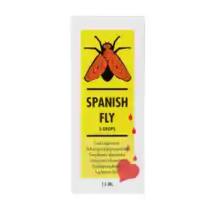 Product packaging for 'SPANISH FLY S-DROPS', a 15 ml dietary supplement, with a red fly illustration on a bright yellow label and heart/blood-drop graphics.