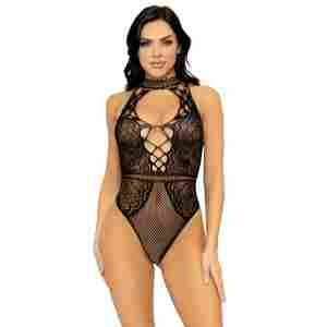 Net and Lace Keyhole Halter Bodysuit