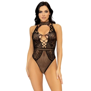 Net and Lace Keyhole Halter Bodysuit
