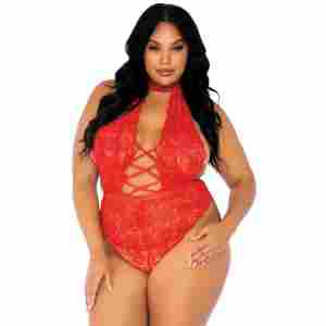 Plus High Neck Crotchless Teddy