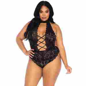 Plus High Neck Crotchless Teddy