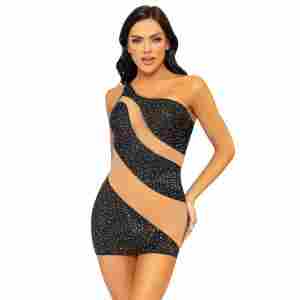 Rhinestone Mini Dress with Mesh Accents