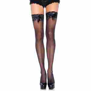 Sheer Thigh Highs with Lace Top and Bow